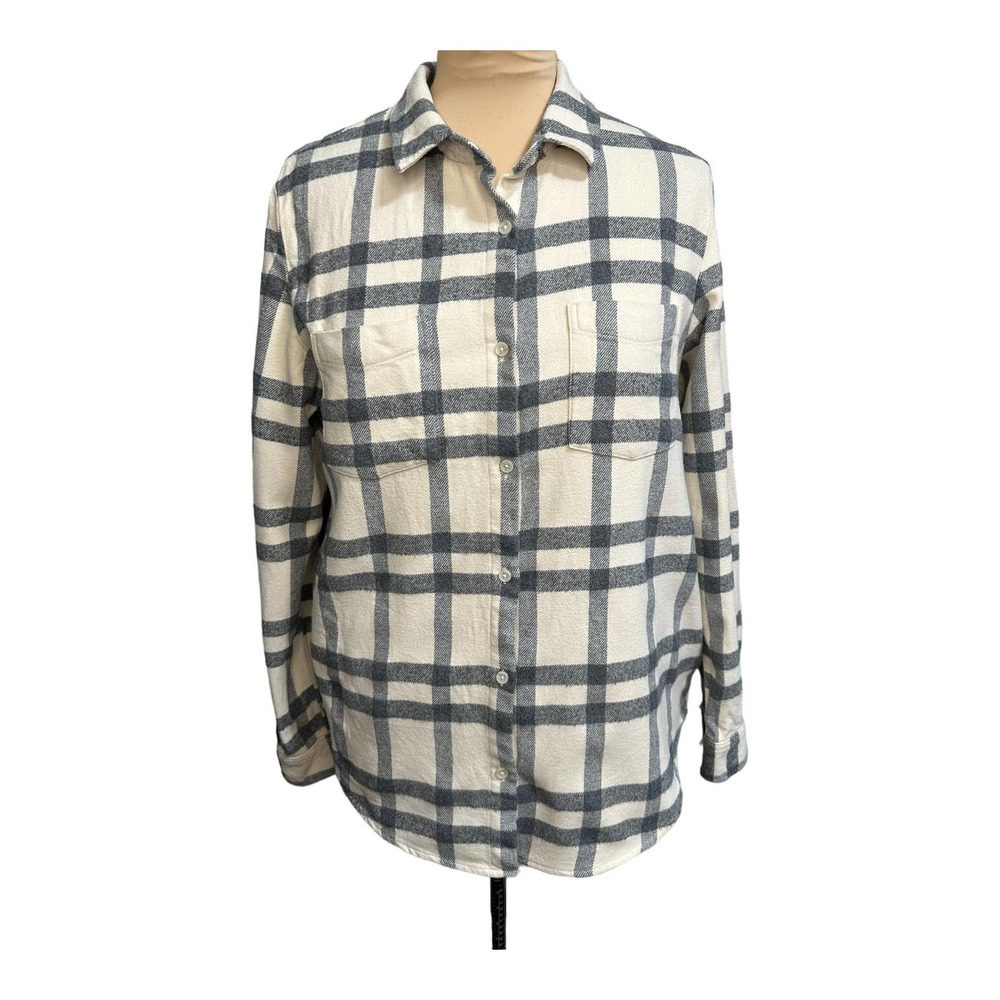 Altar’d State Women’s XL Cream Gray Plaid Flannel Button Down Shirt Oversized - Picture 2 of 6